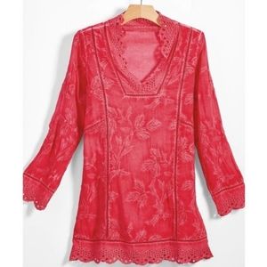 Soft Surroundings Sunset Coral Pink Embroidered Boho Chic Tunic Women's Size S